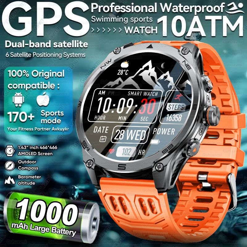 2025 New Military GPS Smart Watch 1000Mah Battery Compass 10ATM Waterproof Outdoor Sport Flashlight BT Call Smart Watch For Men