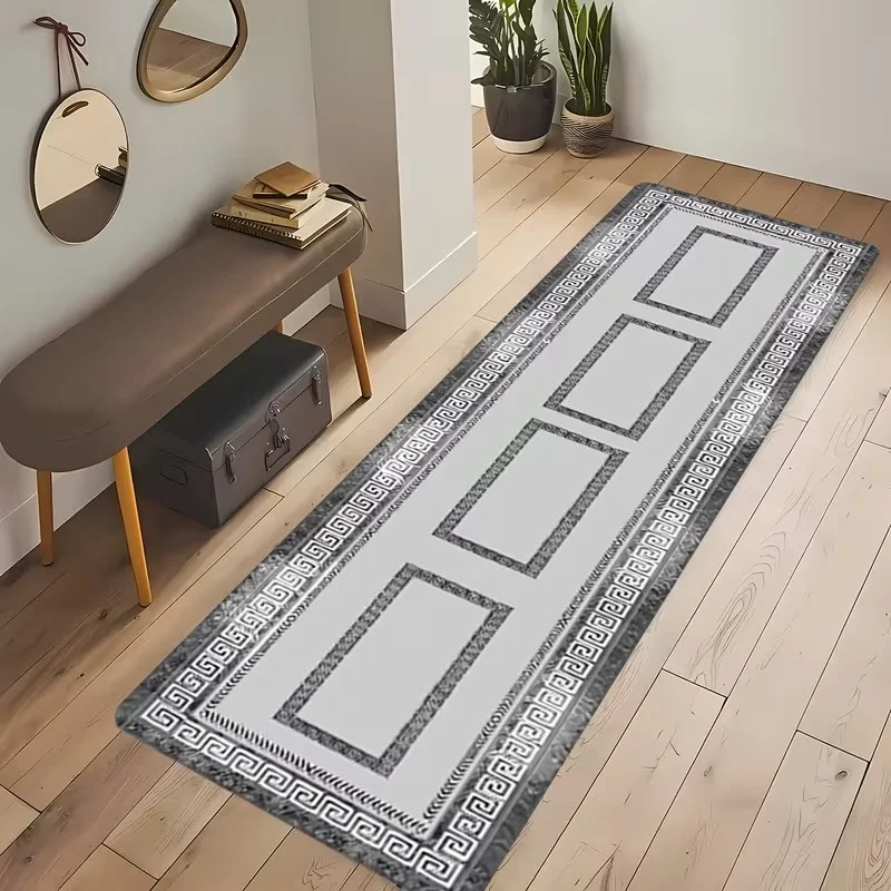 VIKAMA Klassischer Grau-Weißer Geometrischer Langer Läufer Rutschfester Wasserabweisender Teppich für Flur, Küche, Eingang, Haustür, Heimdekoration