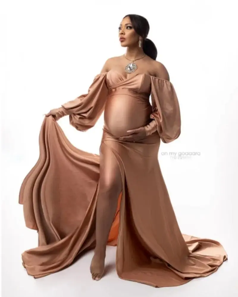 

Vintage Champagne Maternity Robes for Photoshoot Off Shoulder Long Sleeves Prom Dresses Satin Side Split Pregnant Women Gowns