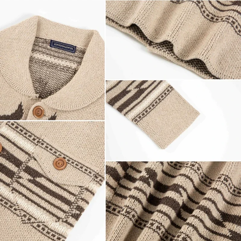 Novo cardigan masculino outono inverno turn-down colarinho botão-up camisola casacos masculinos tendências da ue jacquard jaqueta de malha camisola para homem