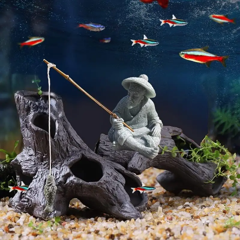 Aquarium Mini Fisherman Statue Asian Zen Decoration Sitting Fishing Figurines Sandstone Vintage Ornament for Fish Tank Garden