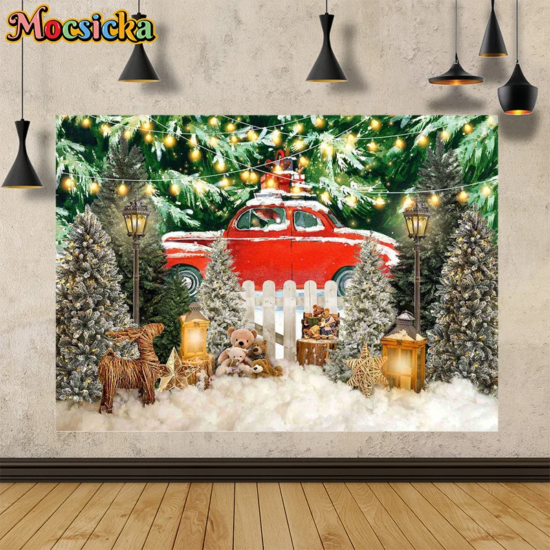 Mocsicka fondo de fotografía, decoración de nieve, árbol de Navidad, invierno, lindo, cumpleaños de niños, Banner de foto familiar, utilería de estudio