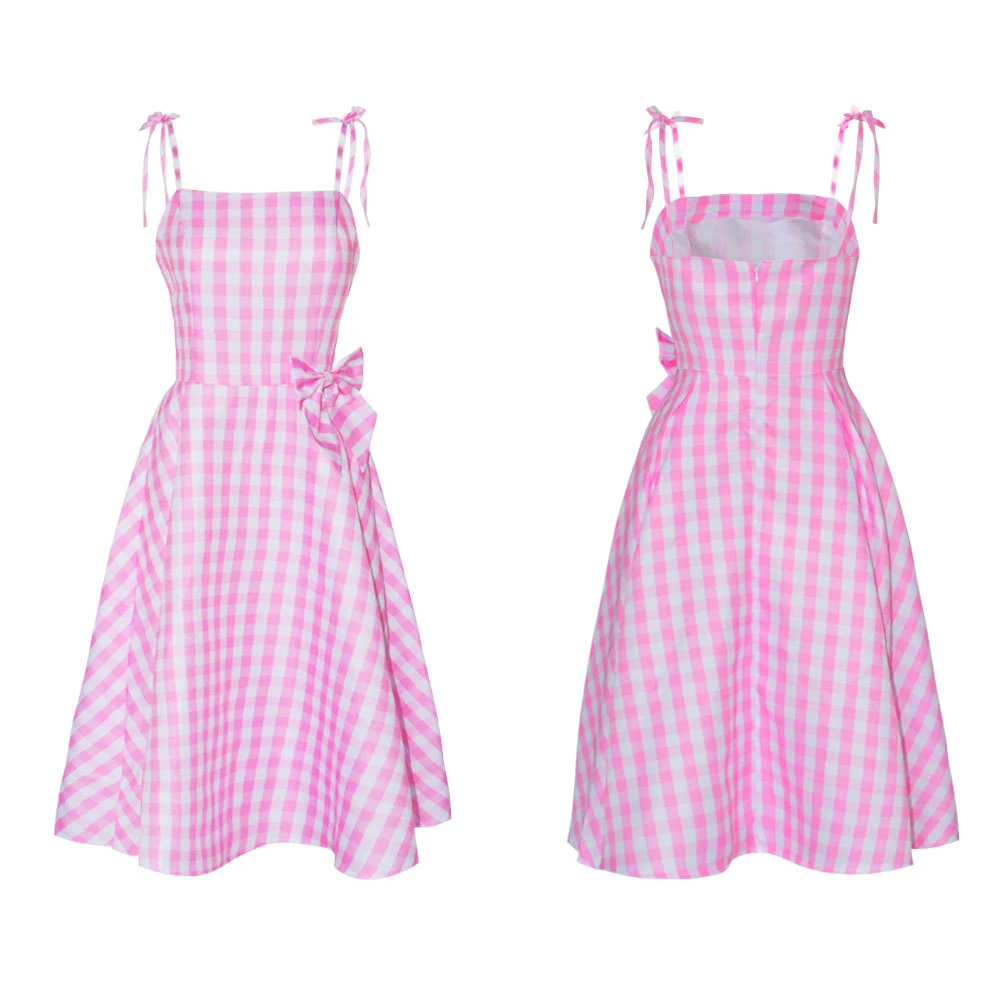 Halloween Adult Girls Margot Robbie Pink Barbi Cosplay Costume Fashion Women Rose Clothing Set Vintage Bow Elegant Plaid Dress