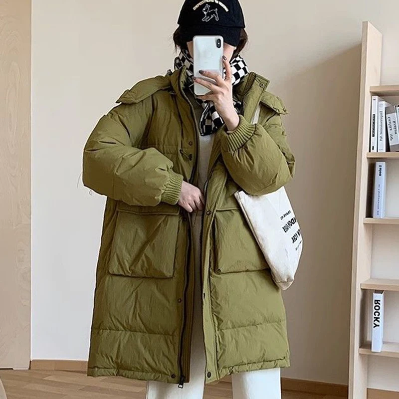 

Female Loose Hooded Thicken Down Jacket Autumn Winter 2023 Straight White Duck Down Jacket Fashion Casual Women's Outerwear