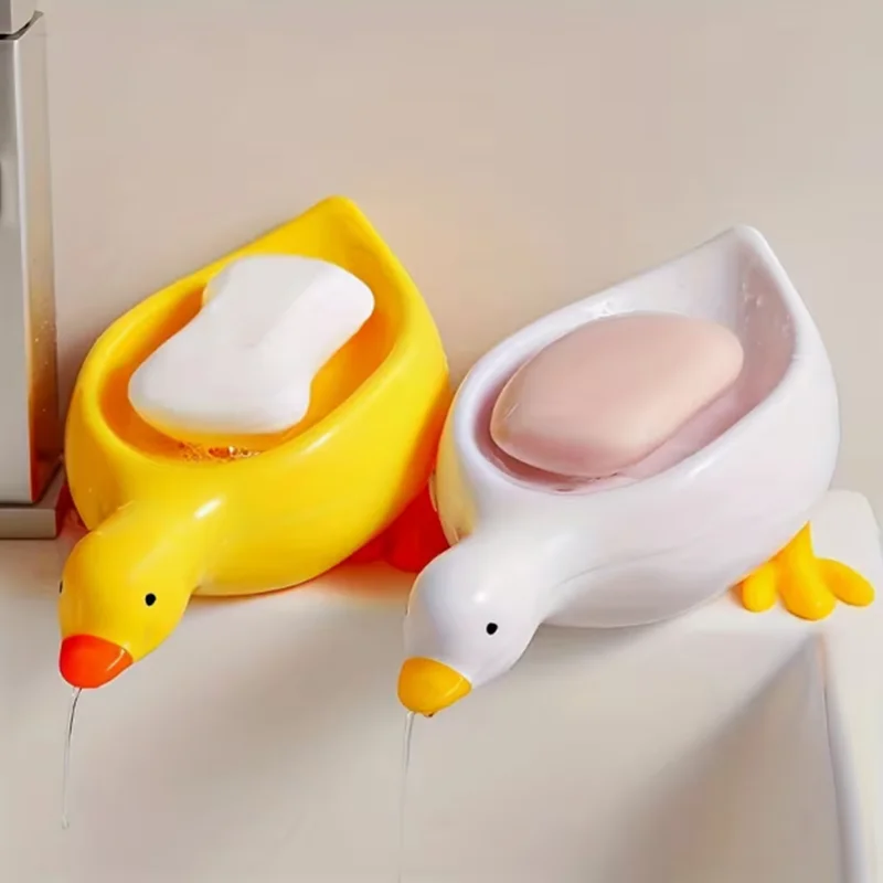 2 Pieces of Yellow and White Duck-Shaped Soap Dishes, Oval Bathroom Drainage Trays with Anti-Water Accumulation Design, Suitable for All 4 Seasons, a Creative and Practical Gift That Doubles as a Soap Holder and Can Also Store Small Items, a Product for 4 People to Use Together, Adding Fun to the Bathroom and Suitable for Use during 11 Holidays