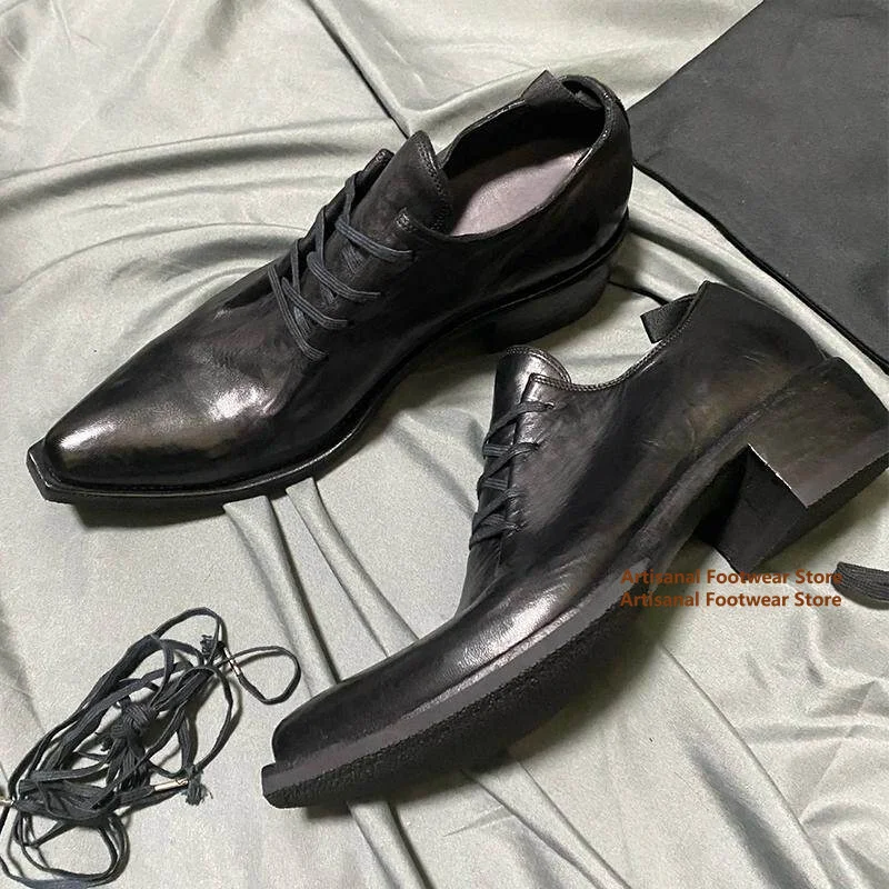 

Cowhide Pointed Toe Leather Shoes Men's Thick Soled Low Top High Heels Casual Single Shoes Trendy Handmade Men's Shoes