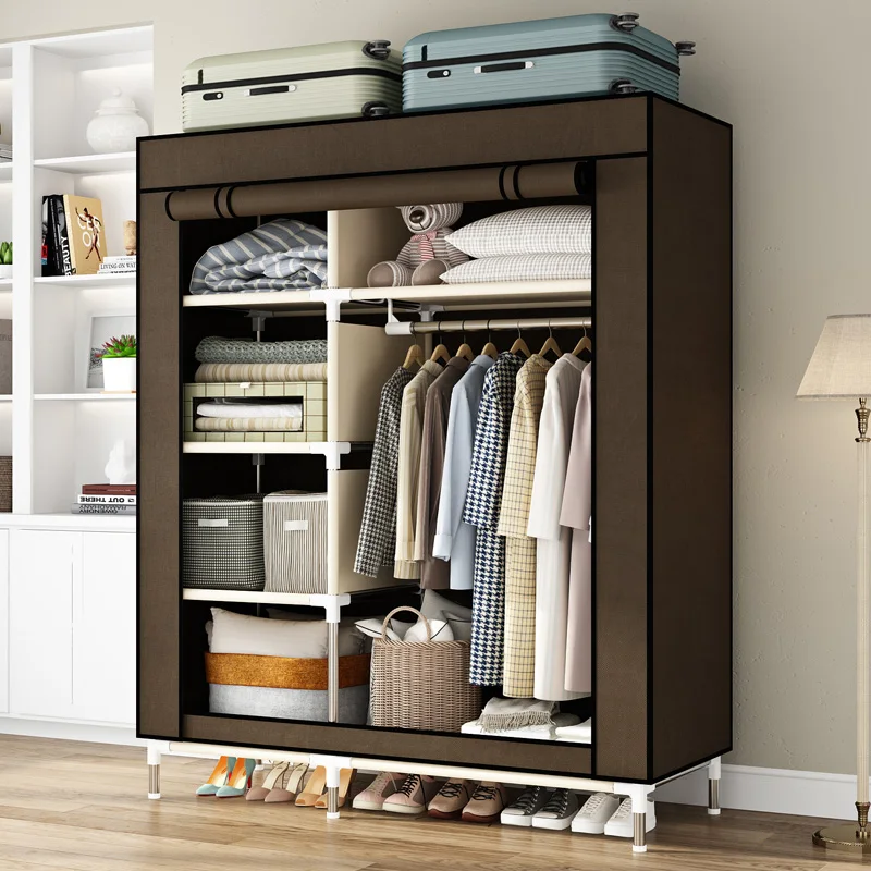 Portable wardrobe, wardrobe with 6 shelves and hanging rods, bedroom storage storage, non-woven cover, brown