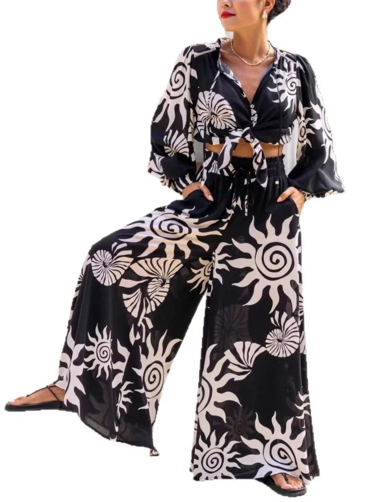 レディース ボヘミアン パラッツォパンツ ワイドレッグ ヨガ ラップタイアップ ウエストバンド ビーチカバーアップ トラウザーズ ソフトで通気性のあるルーズパンツ 2026年夏