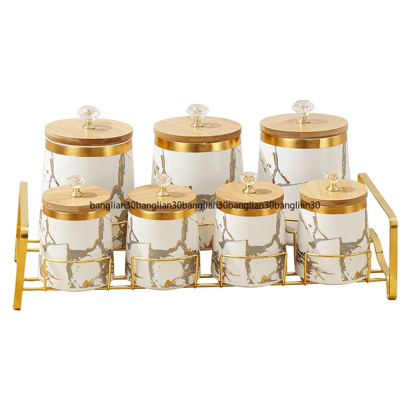 

Light Luxury Seasoning Box Set Household Seasoning Can Rack Kitchen Supplies Rack Bamboo Cover Ceramic Seal