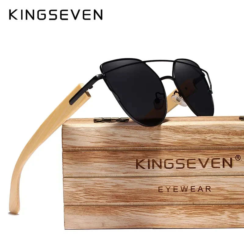 

Солнцезащитные очки KINGSEVEN, женские солнцезащитные очки в металлической оправе, поляризационные, кошачий глаз, бамбуковые, деревянный ящик