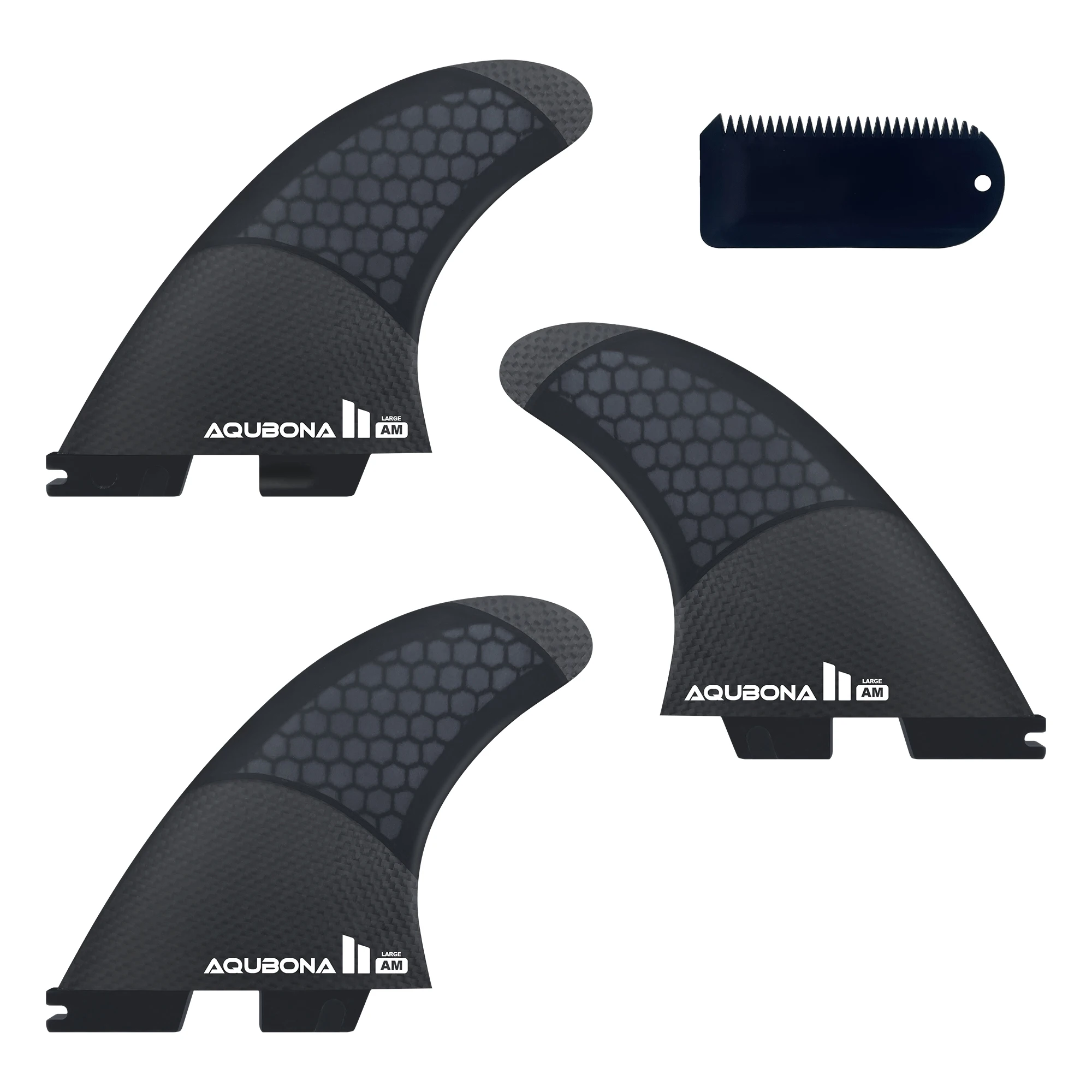 Płetwy surfingowe Single/Dual II Tab - Zestaw potrójnych płetw z włókna szklanego o strukturze plastra miodu i węgla w rozmiarze S/M/L - w zestawie ze śrubami z kluczem płetwy i grzebieniem do wosku