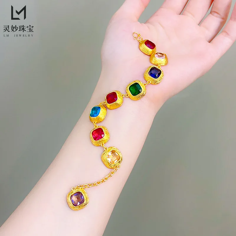 The same 24K real gold rainbow sugar bubble bracelet from the gold store 9999 summer candy color hand-inlaid retro high-end