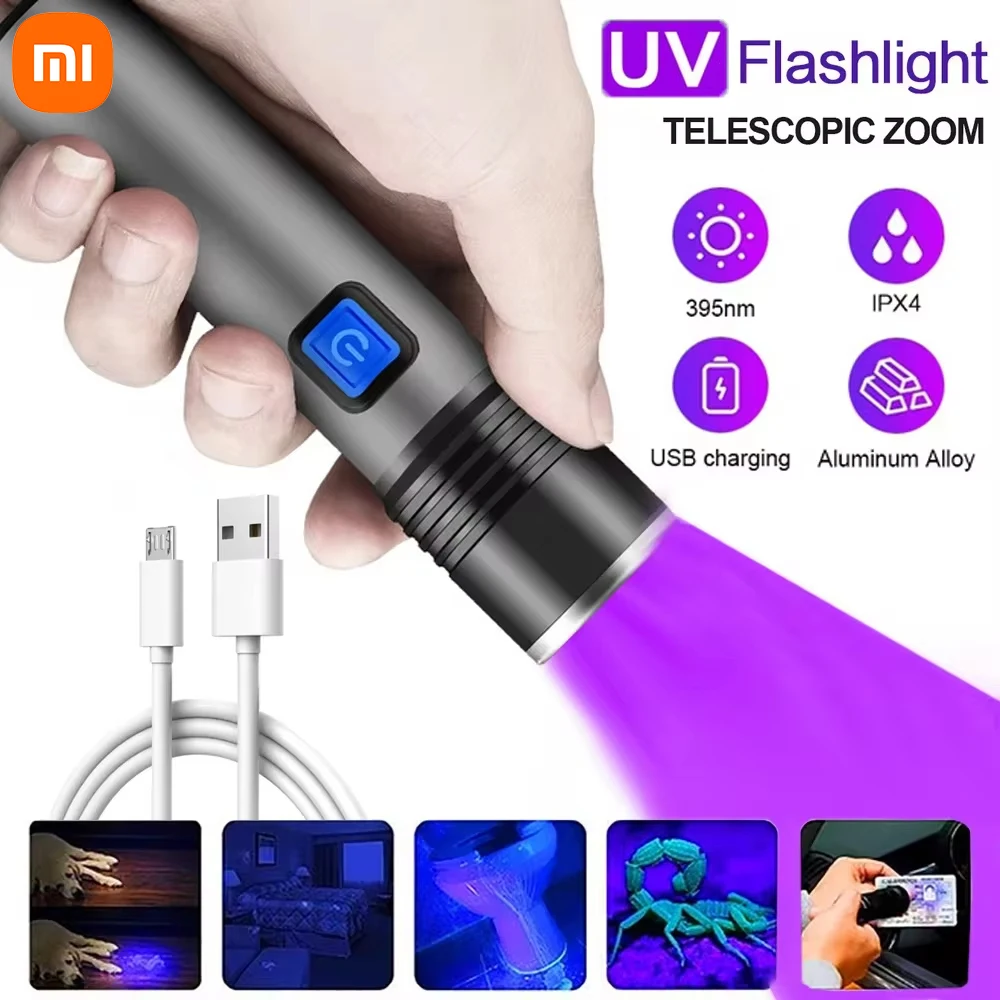 Xiaomi UV Flashlight Blacklight Zoomable USB Rechargeable Small 395nm UV Light Ultraviolet Flashlight for Pet Urine Detection