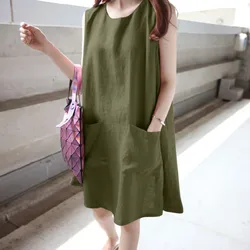 Sleeveless Pockets Vest Dress Women O-Neck Fashion Dress Casual Loose Cotton Solid Dress Casual Summer Dresses For Women