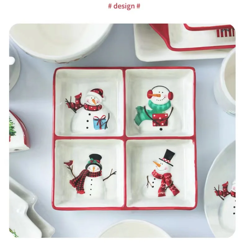 Nordic Christmas Snowman Tableware Set Embossed Rice Salad Bowl Plate Cup Tableware Wholesale Ceramic Carton Giveaway Country