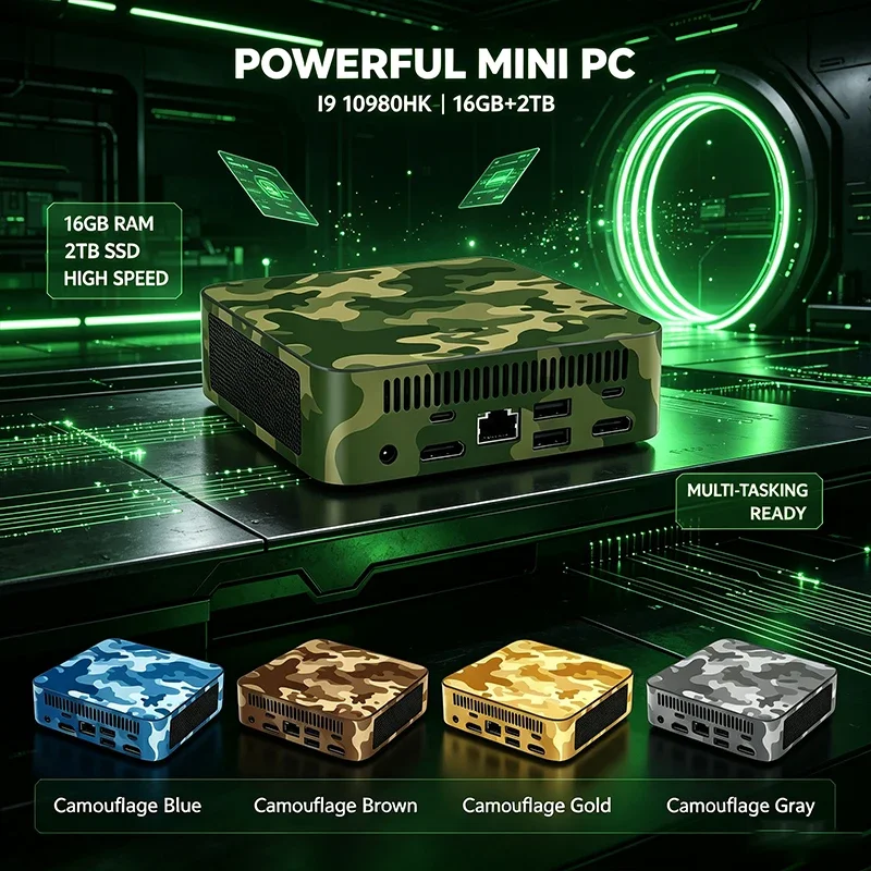 Colorful Camouflage Intel I9-10980HK Mini PC 16GB+2TB Speed Storage Dual HDMI 4K Output Gigabit Windows 11 Compact Design