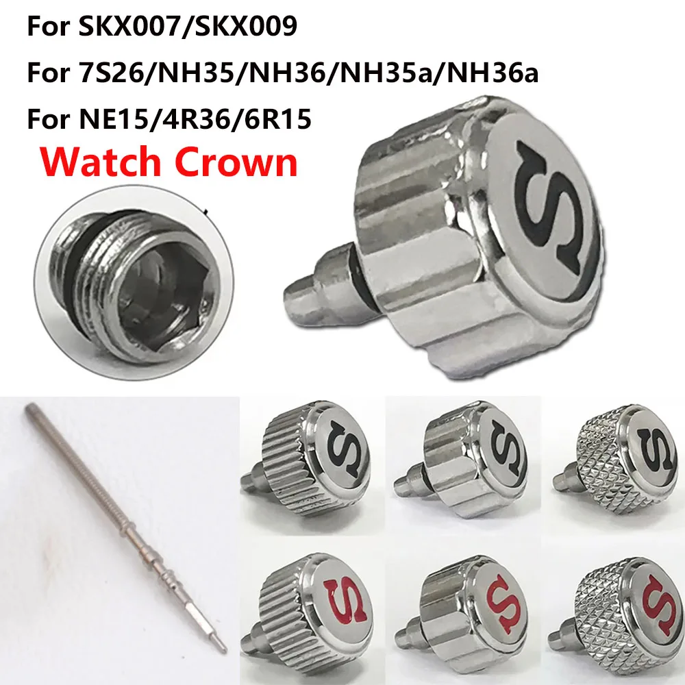 Stainless Steel NH35 S Crown with Watch Stem for NH35 NH36 NH34 4R35 4R36 7S26 SKX007 SKX009 Watch Crown Part Replacement Handle