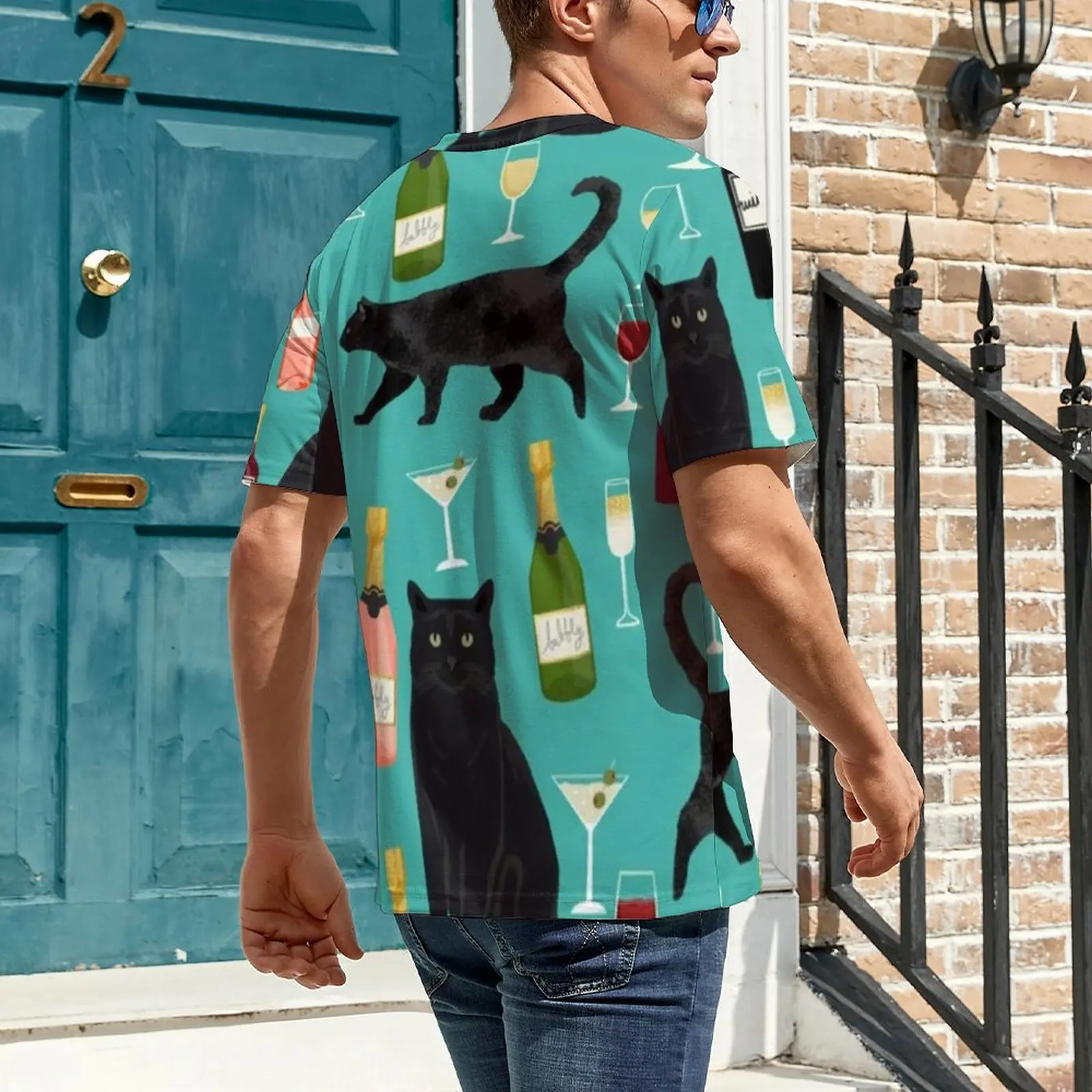 Colorful Wine Print T-Shirt Men Funny Black Cat Graphic O Neck T Shirts Summer Vintage Tops Short Sleeve Casual Oversize Tees
