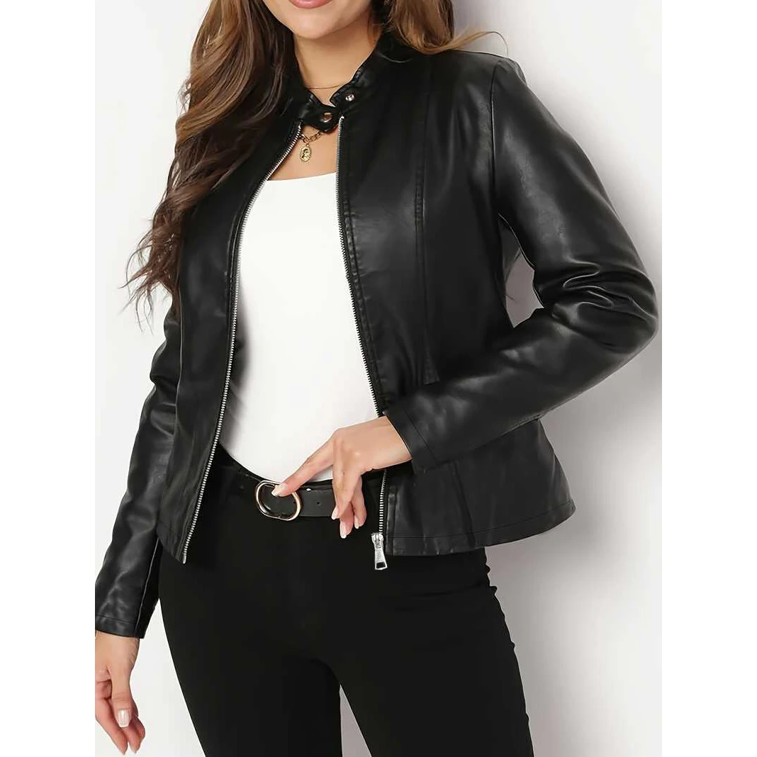 Women's Polyester-Based Faux Leather Jacket with Stand Collar and Zip Closure for Spring and Winter Layering Needs