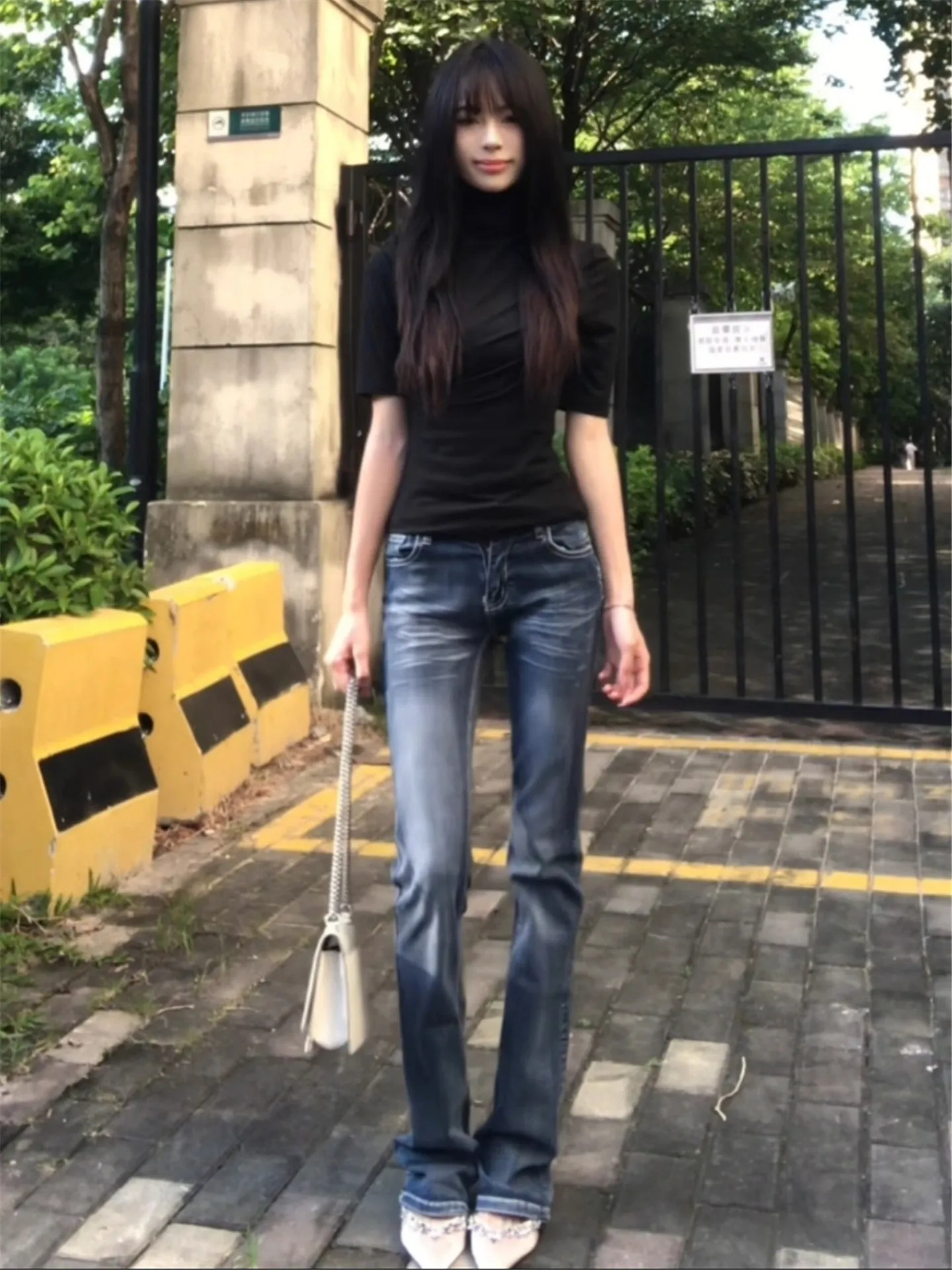 

Женские синие джинсы-клеш с низкой посадкой, осенне-зимние, облегающие, удлиненные, с эластичным поясом, ретро-стиль, из мягкого хлопка