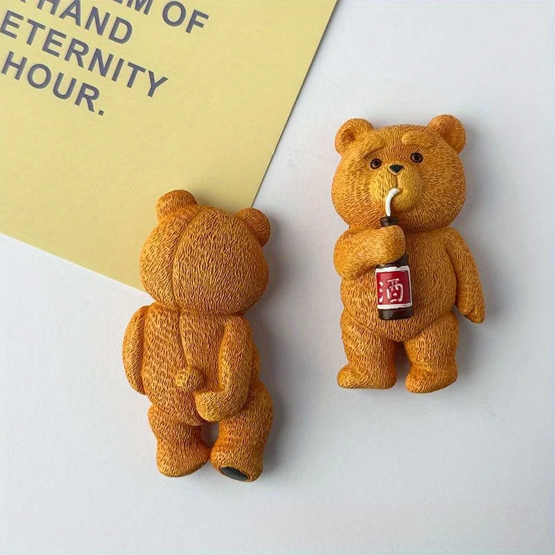 2pcs Cute Teddy Bear Magnetic Refrigerator Stickers - Orange ABS Material, Fun Drinking & Eating Designs, Perfect for Kitchen