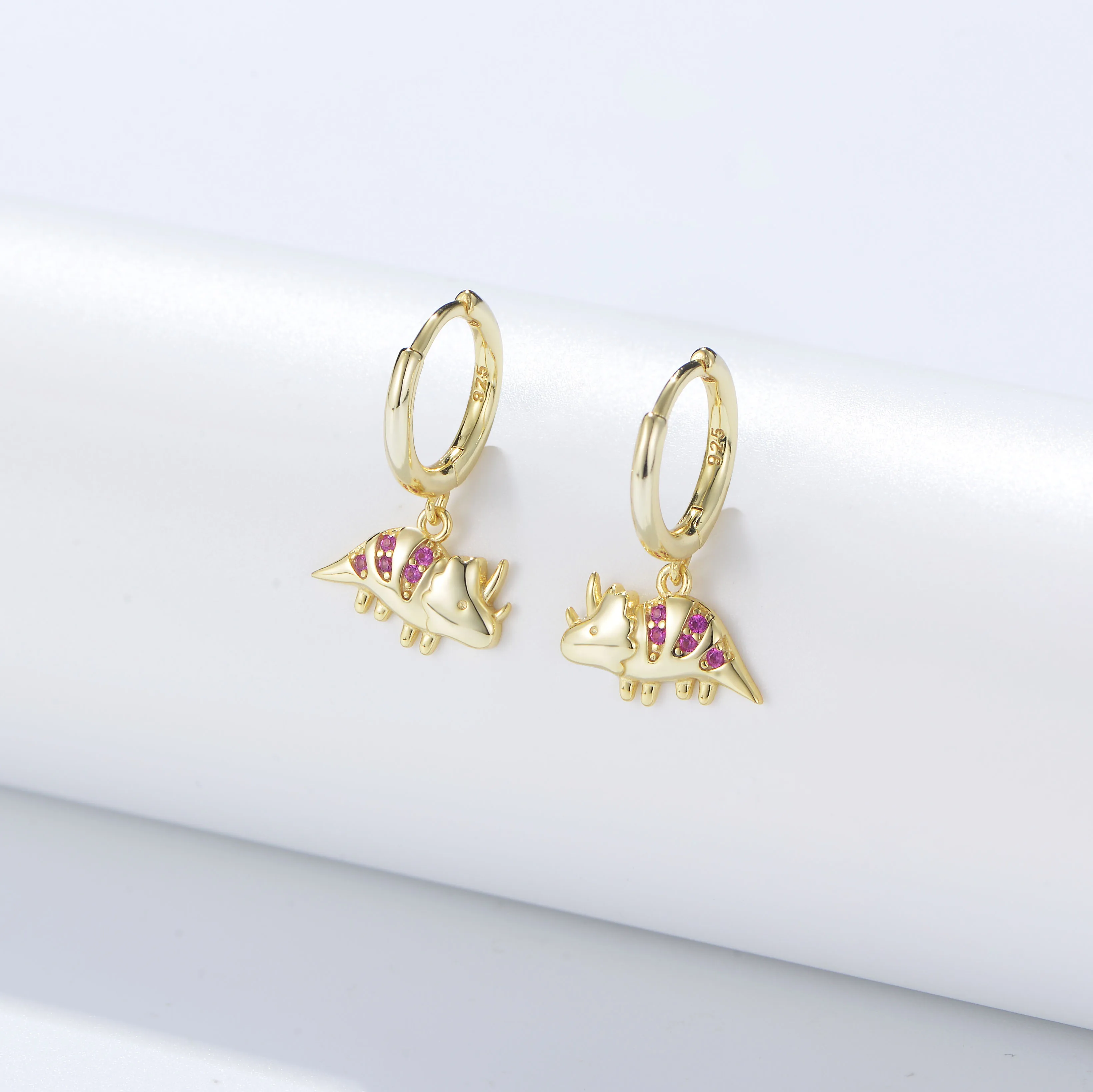 Fulsun Lovely Dinosaur Pink Zircon Symmetric Triceratops Dangle Sterling Silver 925 Red corundum Animals Hoop Earring Jewelry