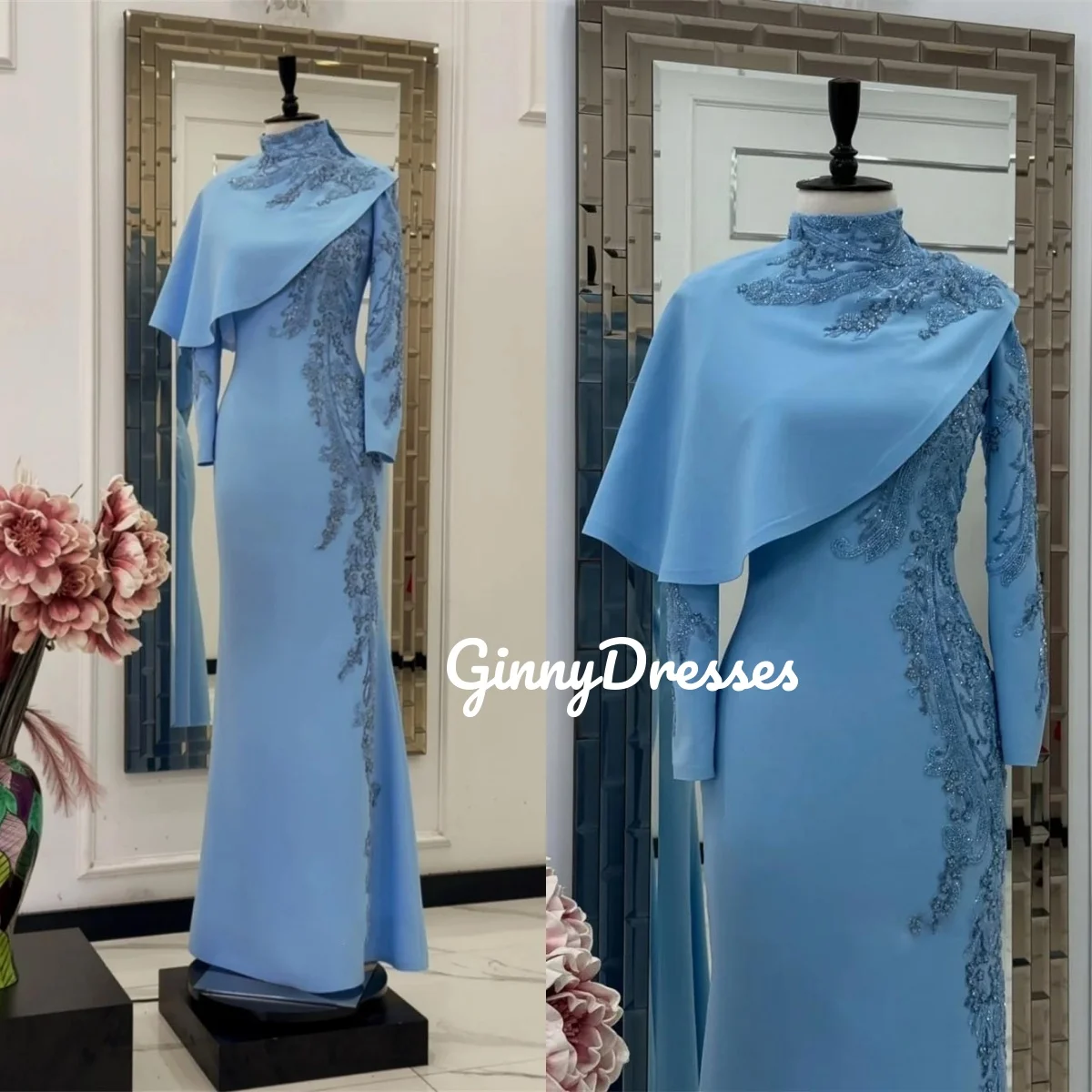 Lace Customize Dresses For Women Hig Scoop Neckline Floor-Length Zipper Up Women'S Evening Dresses Beadings Long Sleeves Vestido