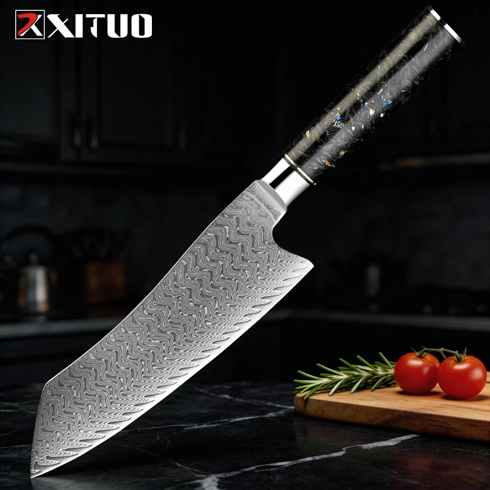 

XITUO Japanese 7 Inch Santoku Knife Resin-coated Carbon Fiber Handle, Damascus Steel Sharp Kitchen Cooking Knife for Slicer Meat
