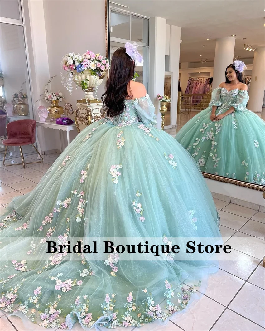 Elegant Green Quinceanera Dress 2024 Beads Flower Appliques Ball Gown Birthday Dress Vestidos De 15 Años Customized