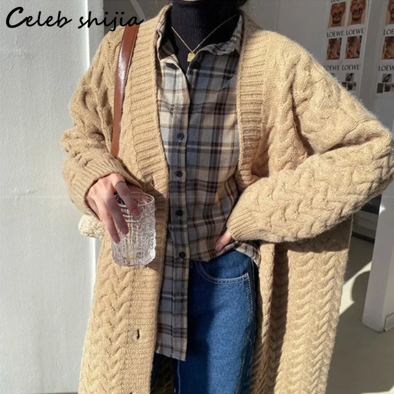 Khaki Knitted Long Cardigan Women Vintage Winter Fall Single Breasted Sweater Coat Female Loose Streetwear Korean Knitwear