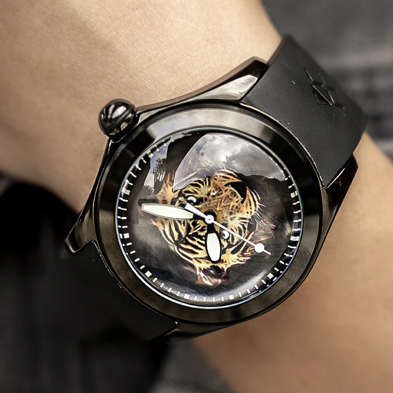 KAFYASE New Design Mens Automatic Watch Creative Tiger Ball Dial Rubber Strap Waterproof Mechanical Sport Watch Black Case Clock