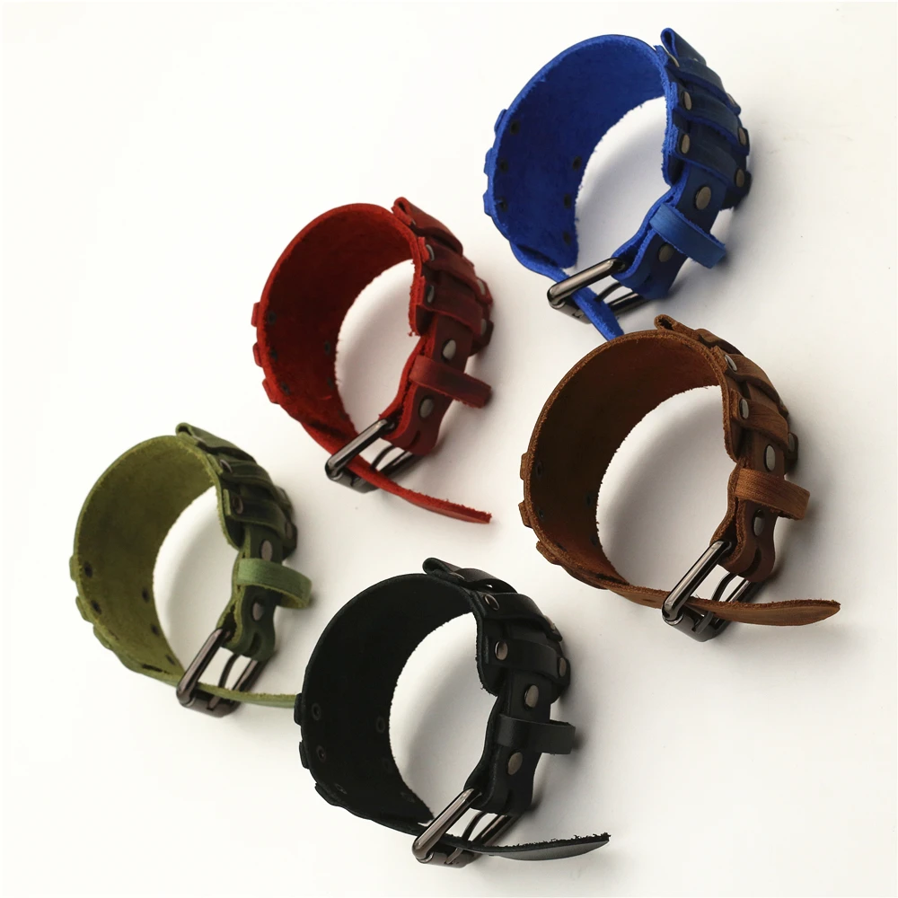 Punk Black Blue Red Green Brown Leather Watchband Men 22mm 24mm Watch Strap Bracelet Jewelry