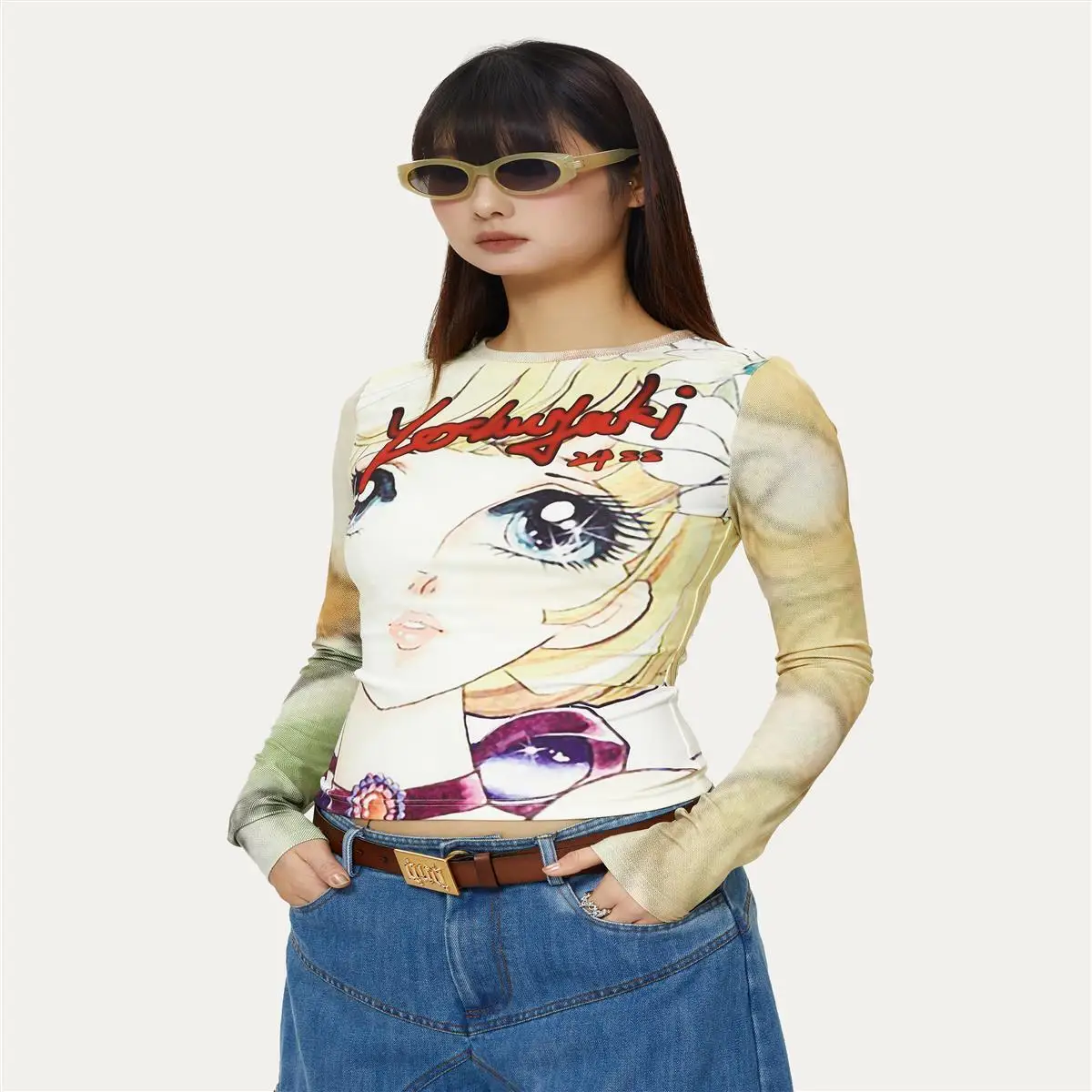 Harajuku Cartoon Anime Magical Girl Print T-shirt Round Neck Long Sleeve Tight Trend Top Japanese Style Cool Girl Fashion Tees