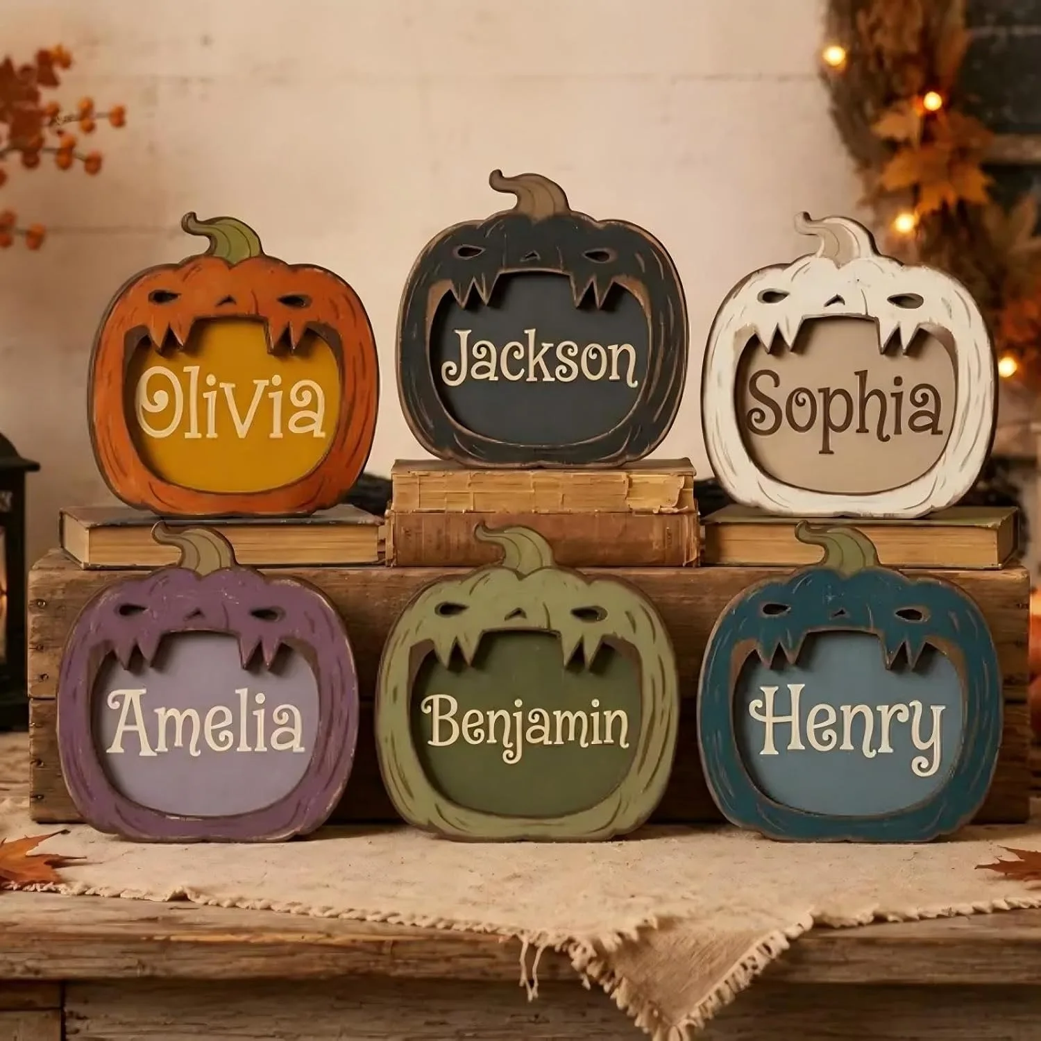 Personalized Wooden Name Sign, Custom Halloween Ghost & Pumpkin Plaque, Rustic Fall Table Decor, Shelf Sitter Ornament, Spooky K