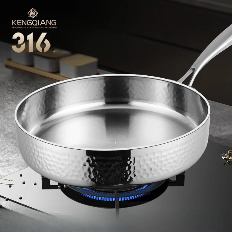 KENGQIANG 316 stainless steel flat bottomed wok pan Uncoated steak frying pans flat bottomed non stick pot cookware