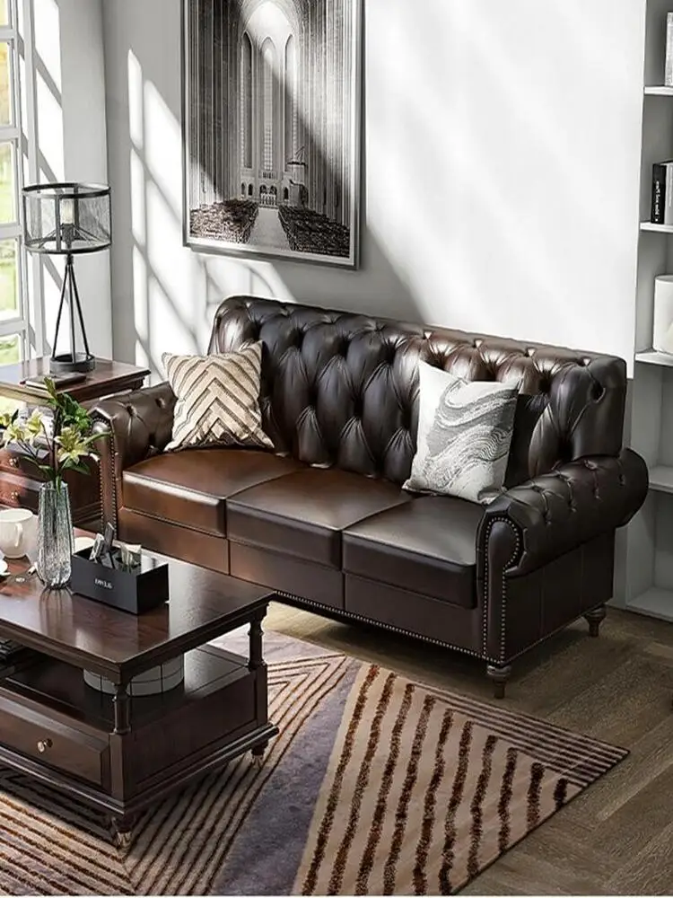 

American rural light luxury living room leather oil wax leather minimalist small apartment retro pull button first layer cowhide