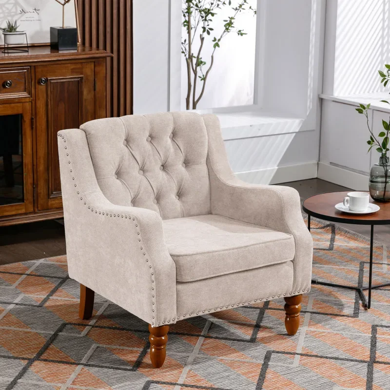 Beige Accent Chair Footrest Set With Vintage Brass Studs Button Tufted Upholstered Armchair Living Room Comfy Reading Chair