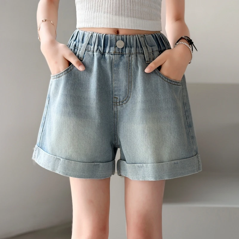 Girls Bow Embroidered Denim Shorts Elastic Waist Rolled Hem Jean Shorts Kids Summer Light Blue Washed Casual Shorts 6-14Y