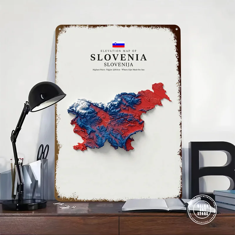 Elevation Map of Slovenia 3D Printed Texture Poster Personalized Wall Art Retro Metal Tin Signs for Decor Room Decoration Gaming