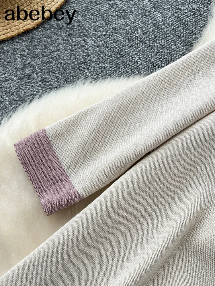 Perlen knopf Strickkleid Frauen Herbst Winter Langarm V-Ausschnitt Französisch Stil Senior Color Block Casual Basics Kleid