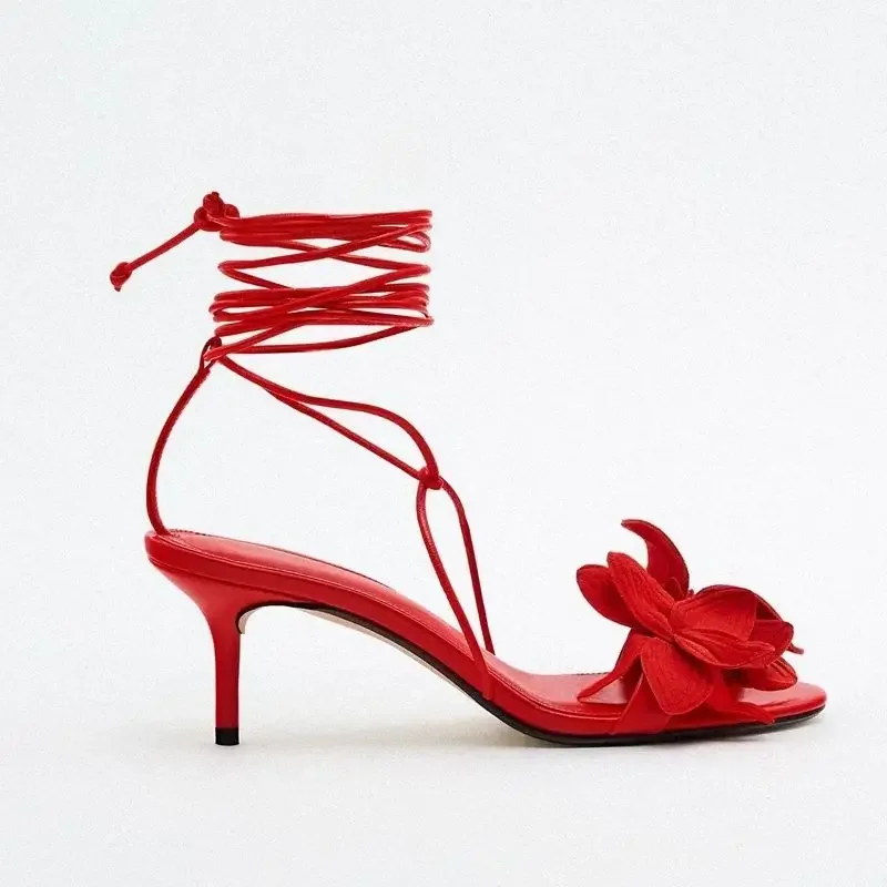 Ladies Solid Red Flowers Lace Up Sandals Unique Sexy Sandals Cross Tied Stiletto Heel Party 2026  New Arrival Summer Woman Shoes