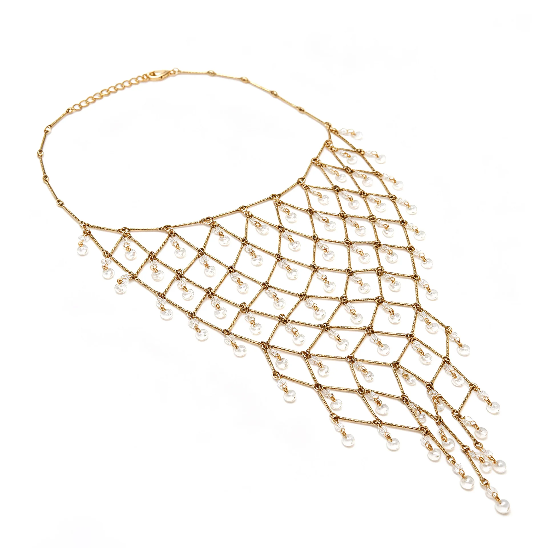 Bohemia Vintage Metallgitter-Kristall-Quasten-Anhänger-Halskette für Frauen, Tropfenförmige Perlen-Statement-Choker-Halskette Accessoires – Detail 4