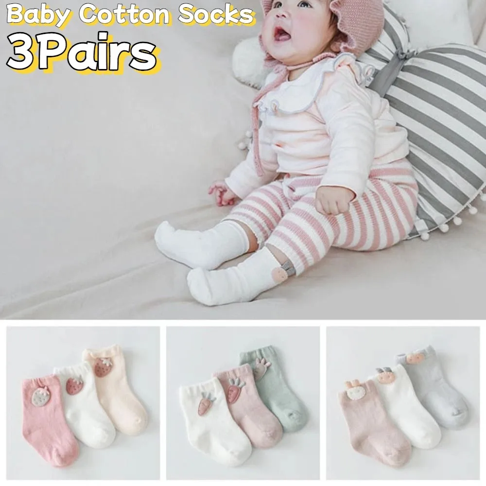 

3 пары мягких детских хлопковых носков с кроликом, короткие носки-трубочки с редисом и клубникой для малышей, дышащие милые носки с героями мультфильмов для новорожденных, осень