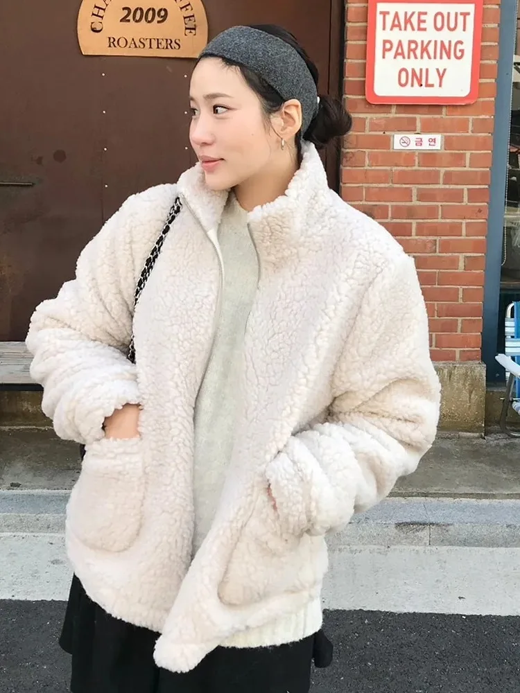 Korean Sle Warm Lamb Fur Jaet Women's Winter Faion Soft Fluffy Anti-Aging Coat Loose Fit Button Closure Ladies Outerwear