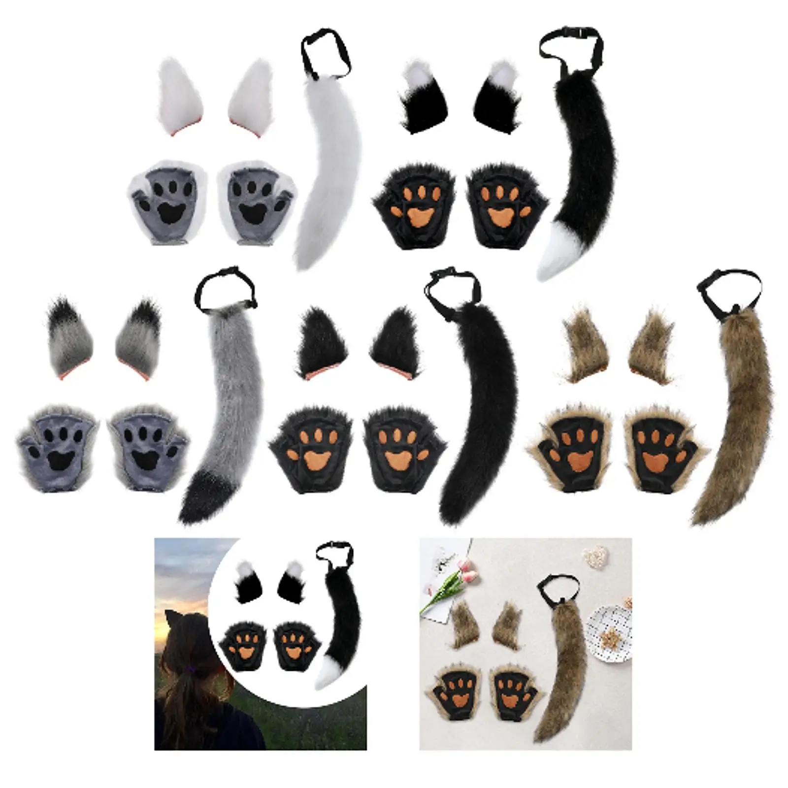 Faux Ears and Tail Set Headpiece Costume Cosplay Animals Ears and Tail for Stage Shows Night Club Easter Kids Adults Birthday