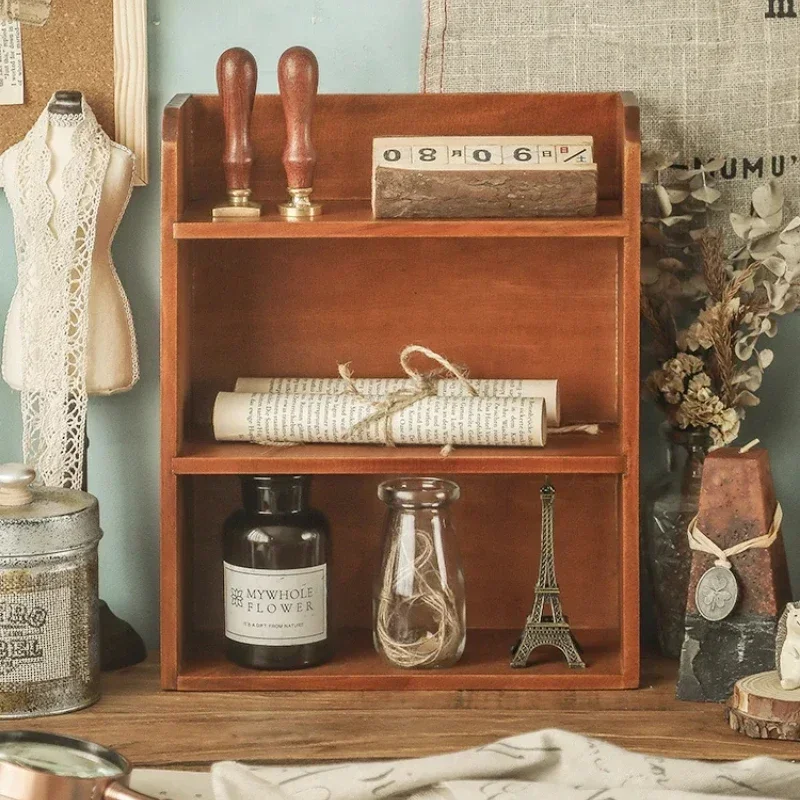 Solid Wood Retro Storage Rack Desktop Three-Layer Organizer Multi-Layer Cosmetics Storage Cabinet Vintage Makeup Holder
