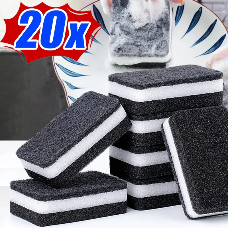 5/20pcs Kitchen Magic Cleaning Sponges Double-Sided Highly Absorbent Pot Rust Stain Dishwashing Sponge Scrub Black Scouring Pads