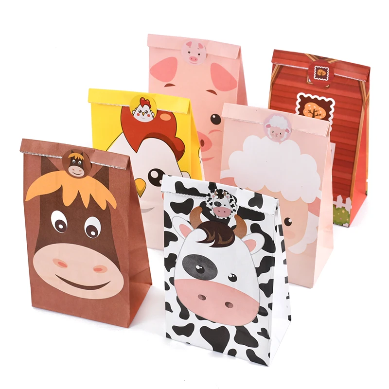 13szt Cartoon Animal Candy Bags With Sticker Cow Pig Sheep Biscuit Bag For Kids Animal Themed Birthday Party Gifts Packing Decor