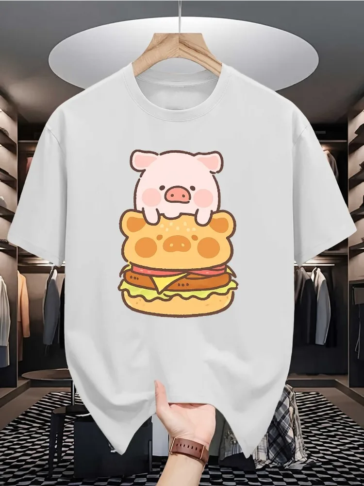 Beige Mens Crew Neck Cotton T Shirt Cute Pink Pig Lying On Cartoon Bear Burger Funny Food Animal Print Short Sleeve Casual Tees