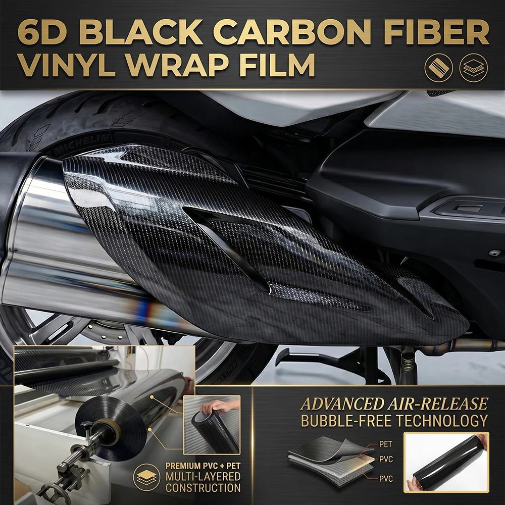 6D Carbon Fiber Black Motorcycle Body Film Black PET Vinyl Wrap Motorcycle Sticker Protective Film Cover Foil Decor Accessories view 2